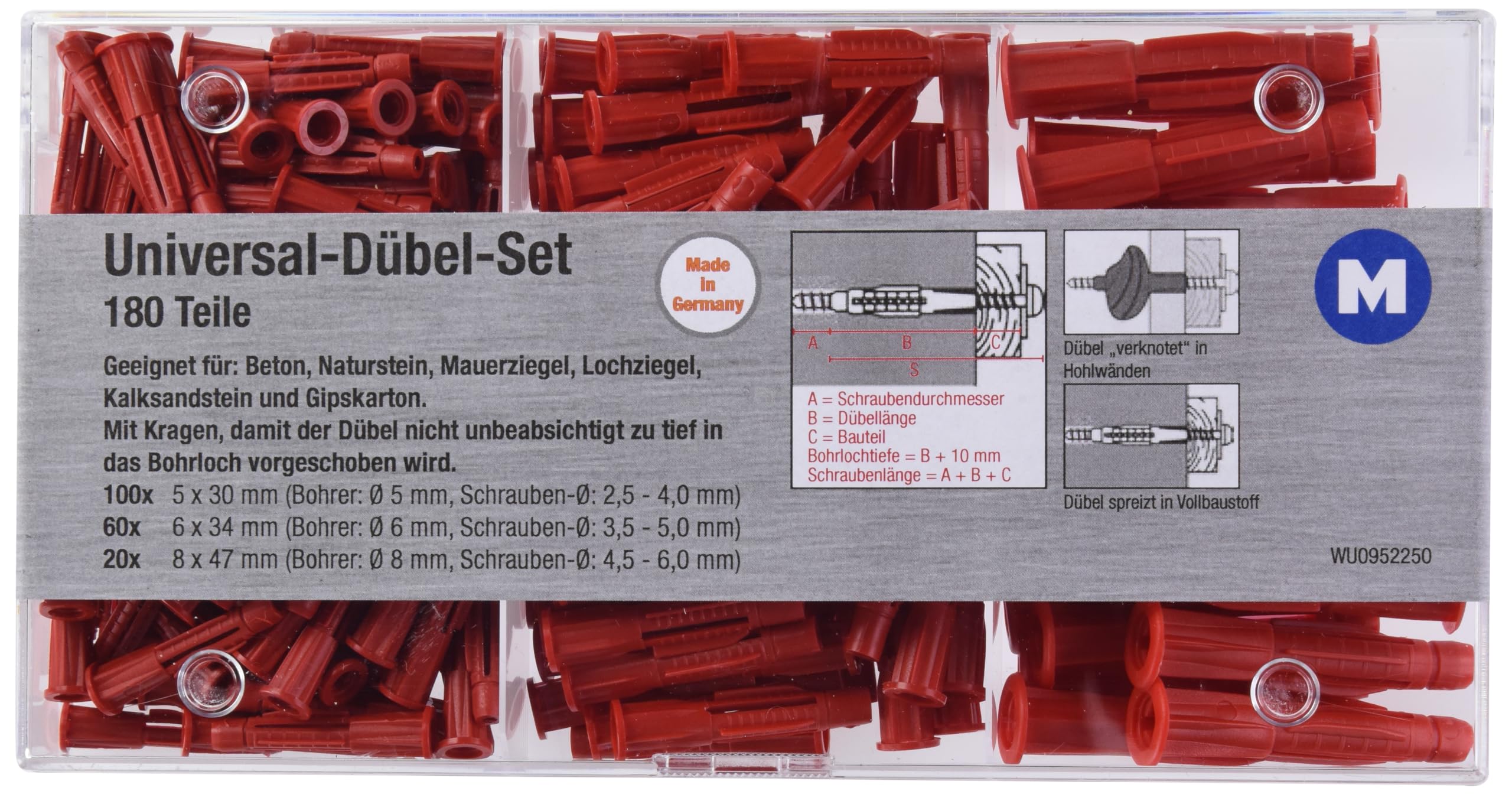 Metafranc Universal Dowel Assortment 180 Pieces - Diameter 5/6 / 8 mm Dowels - Made in Germany - for Fixings in Solid & Hollow Building Materials/All-Purpose Dowels/Expansion Dowels/Three-Wing
