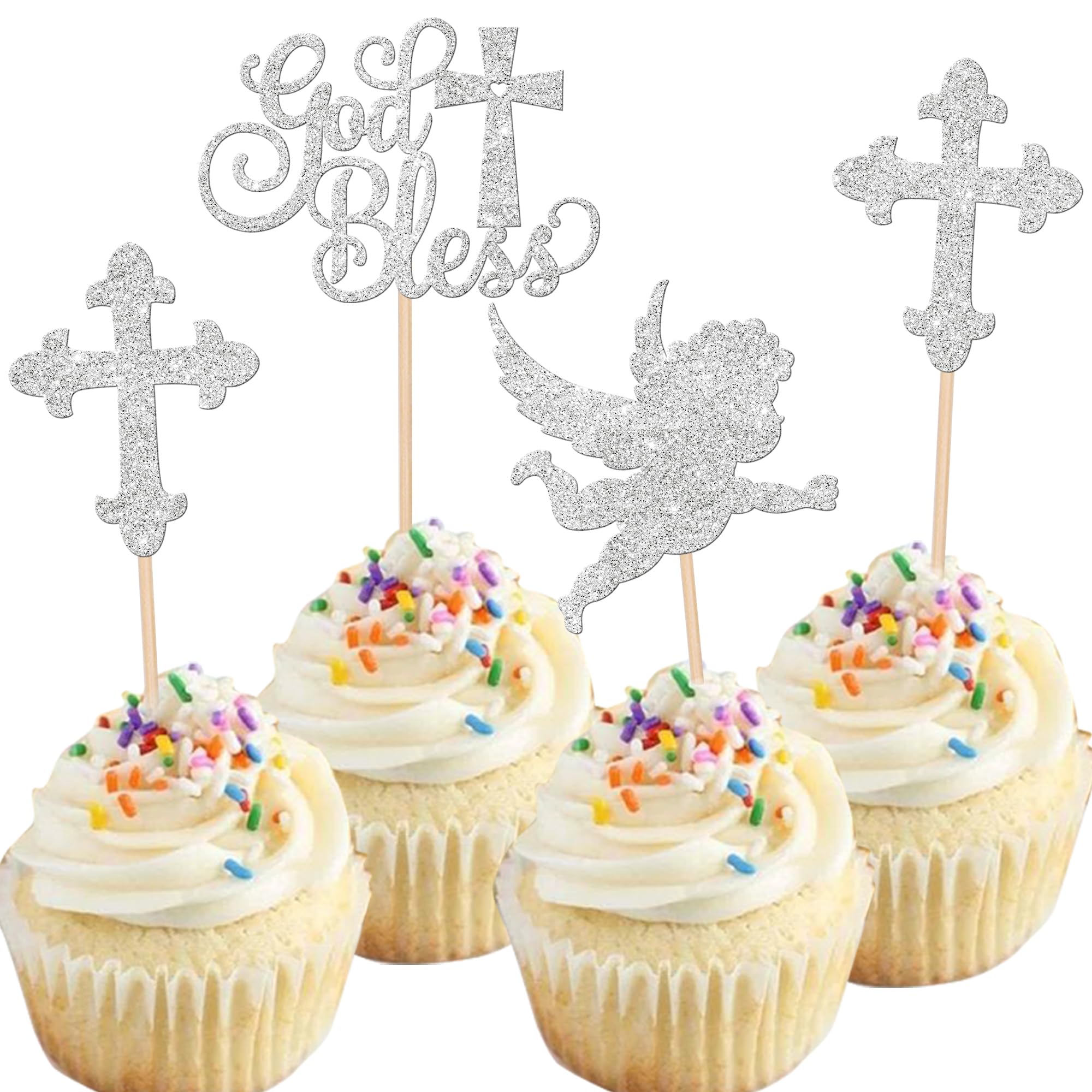 Xsstarmi 24 Pack God Bless Cupcake Toppers Glitter Boys Baptism Christian Cross Cupcake Picks Decoration for First Communion Theme Baby Shower Birhday Party Cake Decor Rose Gold