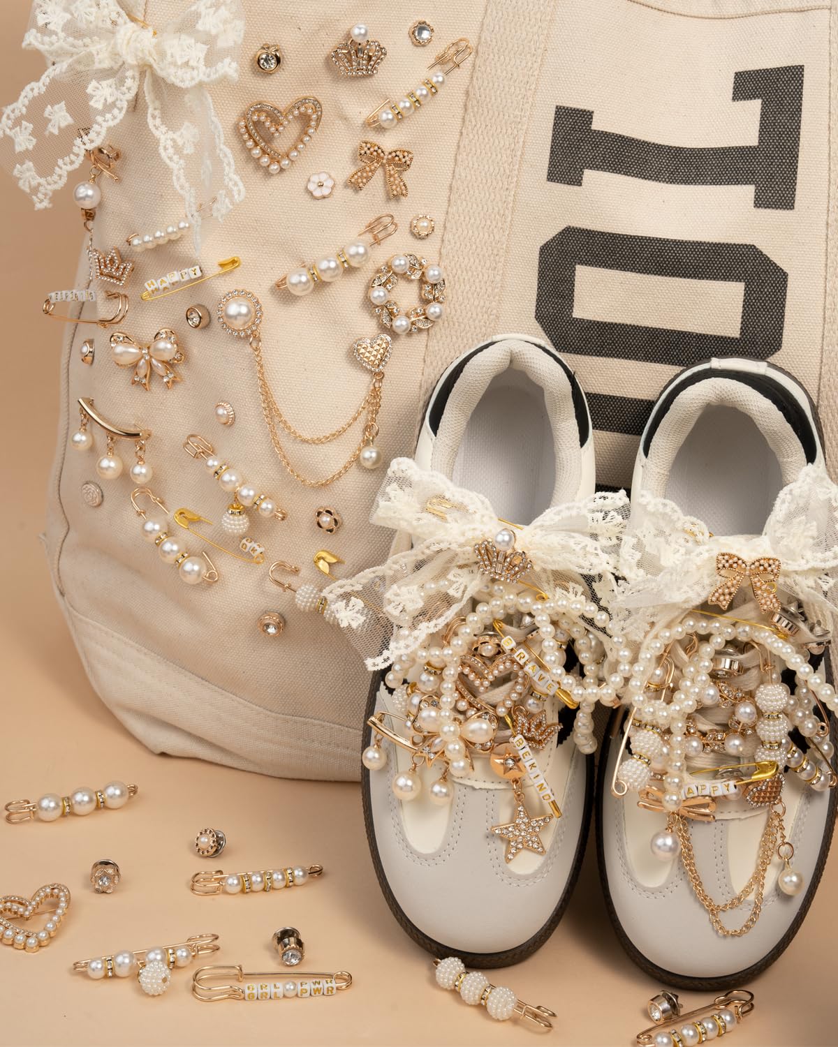 Deinduser Shoe Charms for Sneakers, Junk Socks Charms Kit for Women, Bling Junk Sneaker Charm Set, Gold Shoelace Charm with Pearl Bows and Letters