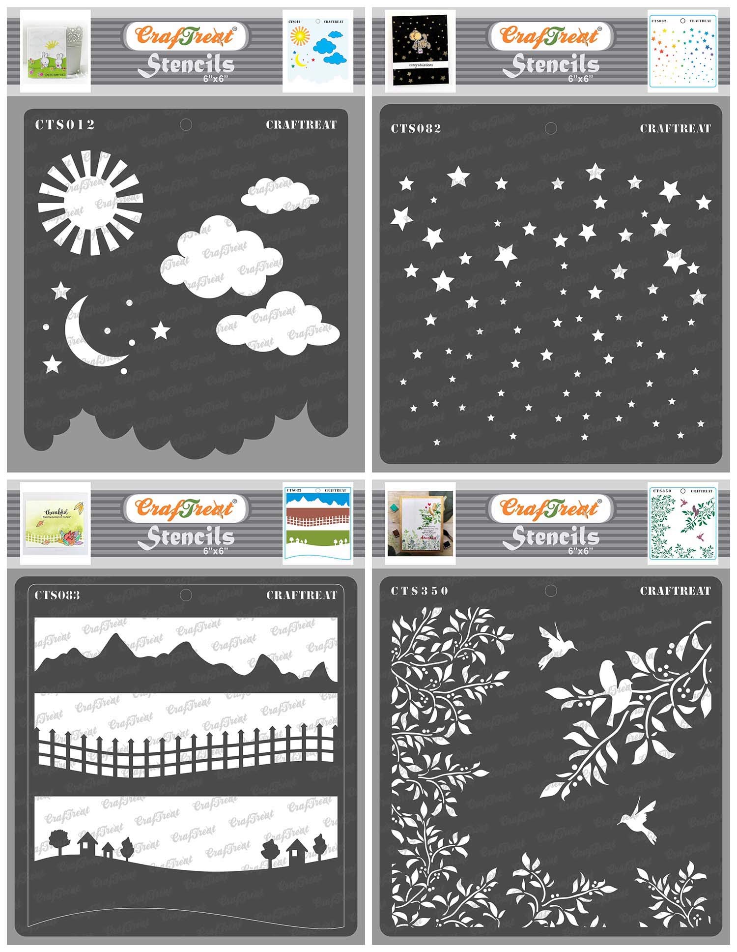 CrafTreat Reusable Nature Stencils for Crafts - Clouds and Stars, Starry Sky, Landscapes, Leaves and Branch Stencil (4Pcs) - 6X6 Inch - Scene Stencils for Furniture Painting Vintage