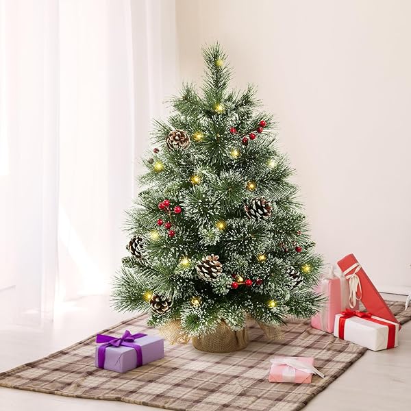 24″ MINI CHRISTMAS TREES WITH FLOCKED PINE NEEDLES, PINE CONES, BERRIES DECORATION, 2 FT DECORATED BURLAP TREES WITH 25 LED LIGHTS, KITCHEN TABLETOP ARTIFICIAL PRE LIT CHRISTMAS TREE