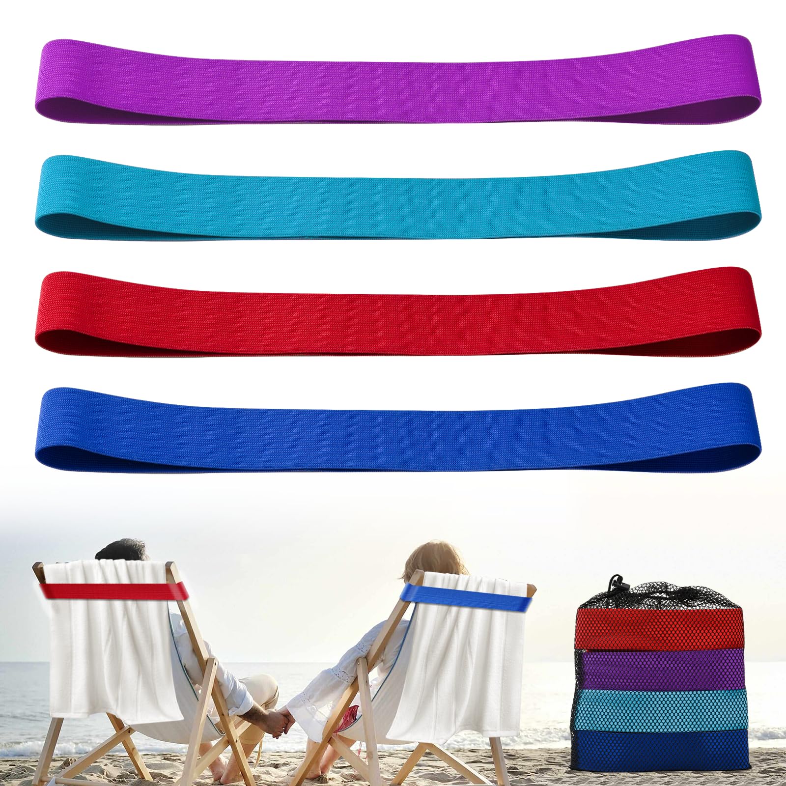 4 Pack Beach Towel Bands - Beach Towel Clips Towel Bands for Pool Chair, Pool & Cruise Chairs, 4 Colors (4)