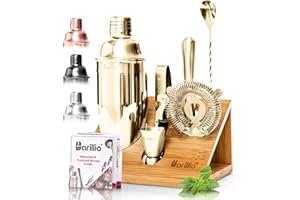 Barillio Gold Bartender Kit - Stainless-Steel Cocktail Shaker Set w/Bamboo Stand - Mixology Bar Tools w/Shaker, Drink Mixer Spoon & Muddler for Cocktails - Home Bar Accessories - 10-Pc Bar Set