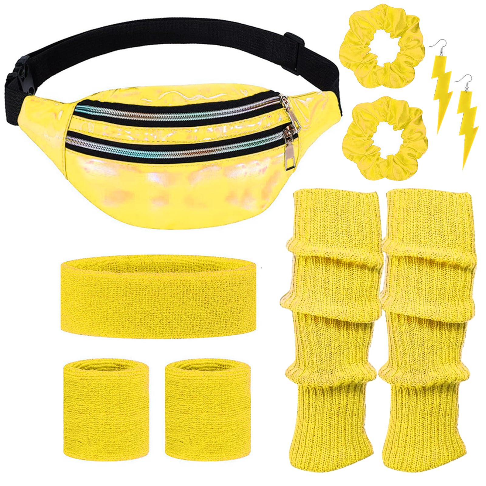 Photo 1 of 80s Neon Workout Costume Accessories Set 10 PCS Leg Warmers for Women 80s Headband Wristband Fanny Pack for Yoga Running (Yellow)