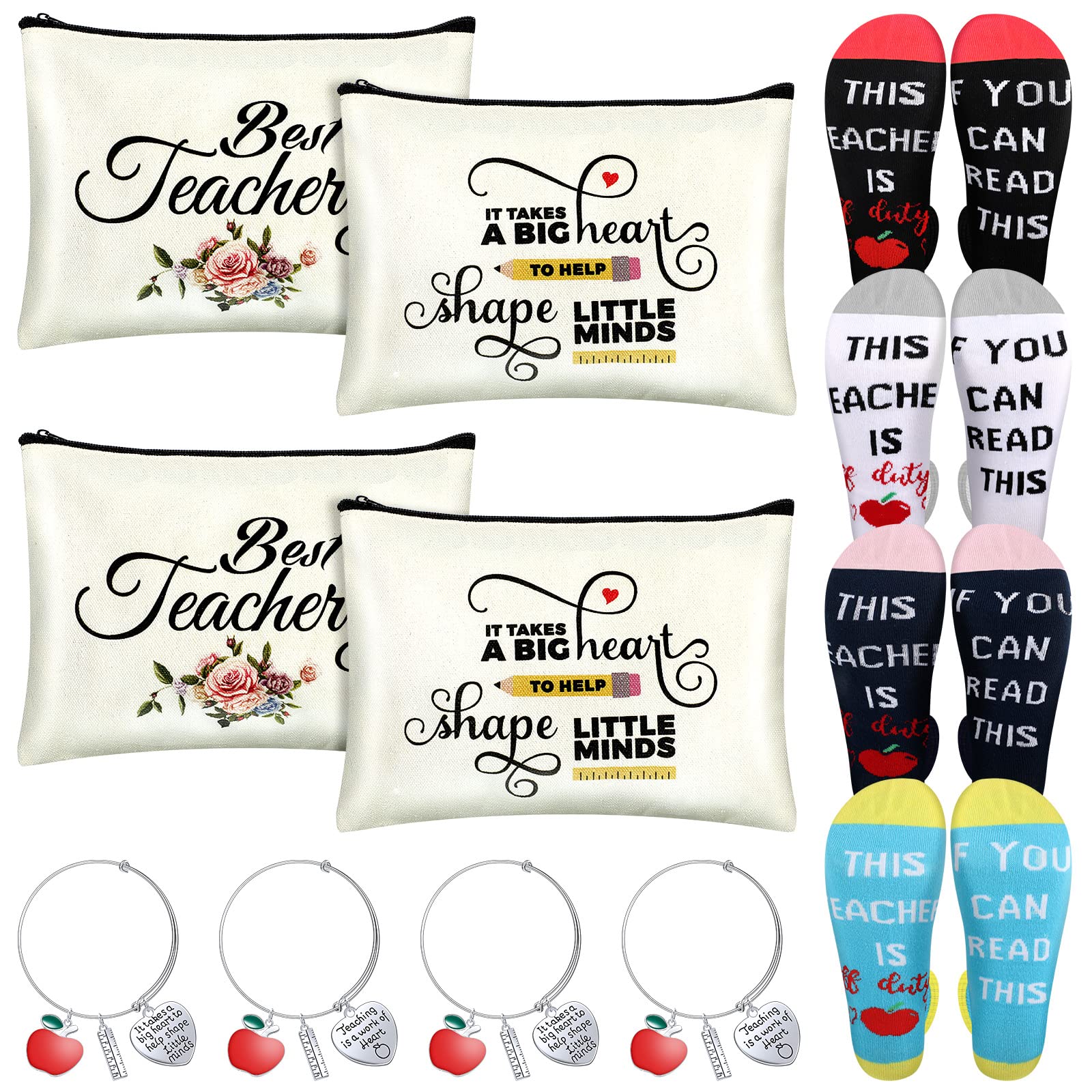 Photo 1 of 12 Pcs Teacher Appreciation Gifts Set, 4 Teacher Off Duty Socks, 4 Travel Cosmetic Pouch Makeup Bags, 4 Teacher Bracelet Expandable Bangle Funny Teacher Gifts Graduation Holiday Favors