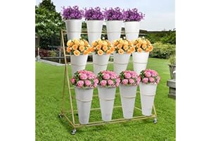 LOPOO Flower Display Stand with 12PCS Buckets, 3-Tier Tall Plant Stand with Wheels Heavy Duty Pot Stand Ladder Shelf for Outdoor Indoor Plant, Rolling Flower Cart with Buckets for Garden Patio Florist