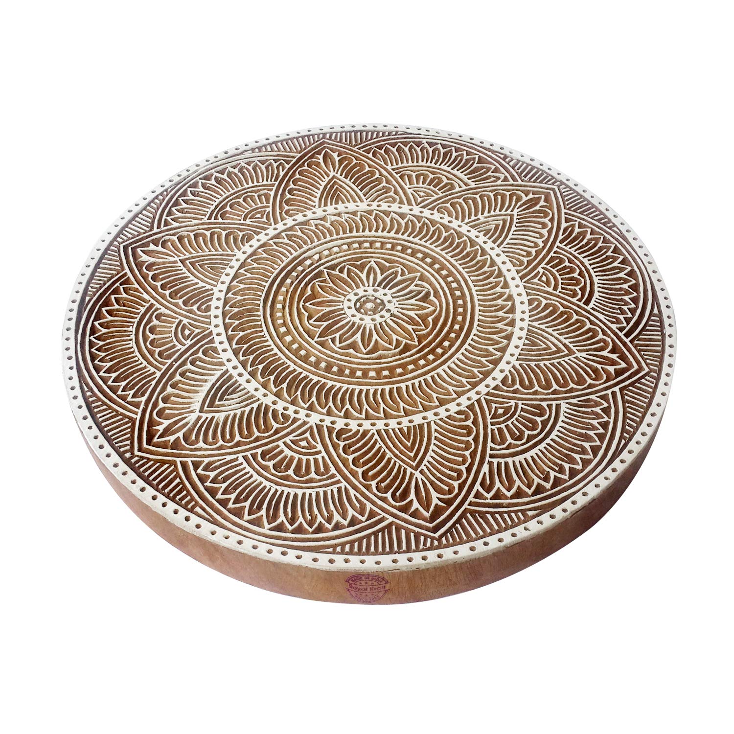 8 Inch Traditional Large Printing Block Floral Round Shape Big Wood Stamp