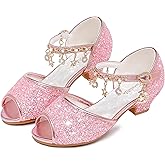 Furdeour Sparkly Girls Dress Shoes Princess Shoes High Heels Peep Toe Low Heel Glitter Toddler Big Kid Wedding Party