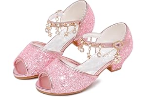 Furdeour Sparkly Girls Dress Shoes Princess Shoes High Heels Peep Toe Low Heel Glitter Toddler Big Kid Wedding Party
