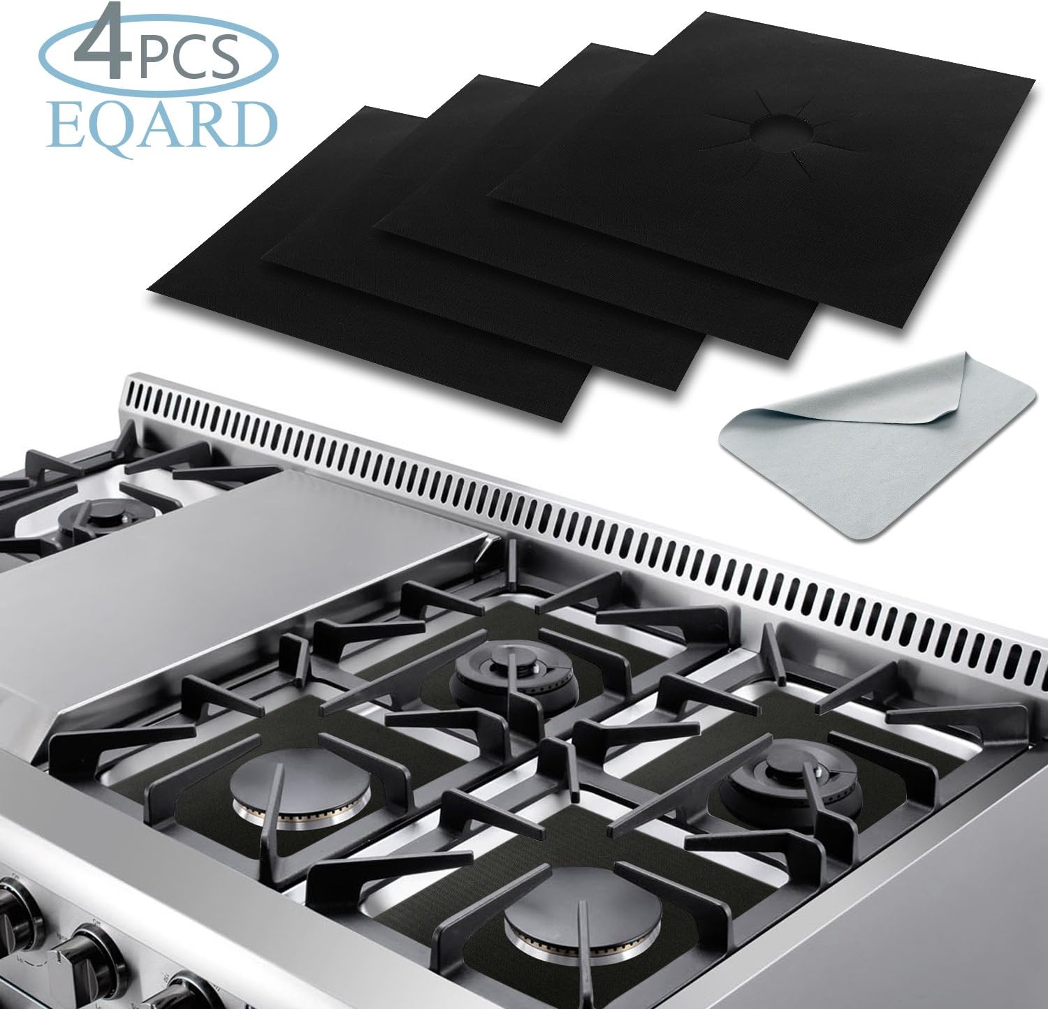 Stove Burner Covers, EQARD Gas Range Protectors-Stove Protector 0.2MM Double Thickness, Reusable, Non-Stick, Fast Clean Liners for Kitchen/ Cooking Size 10.6” x 10.6” FDA Approved & BPA FREE(4 Packs)