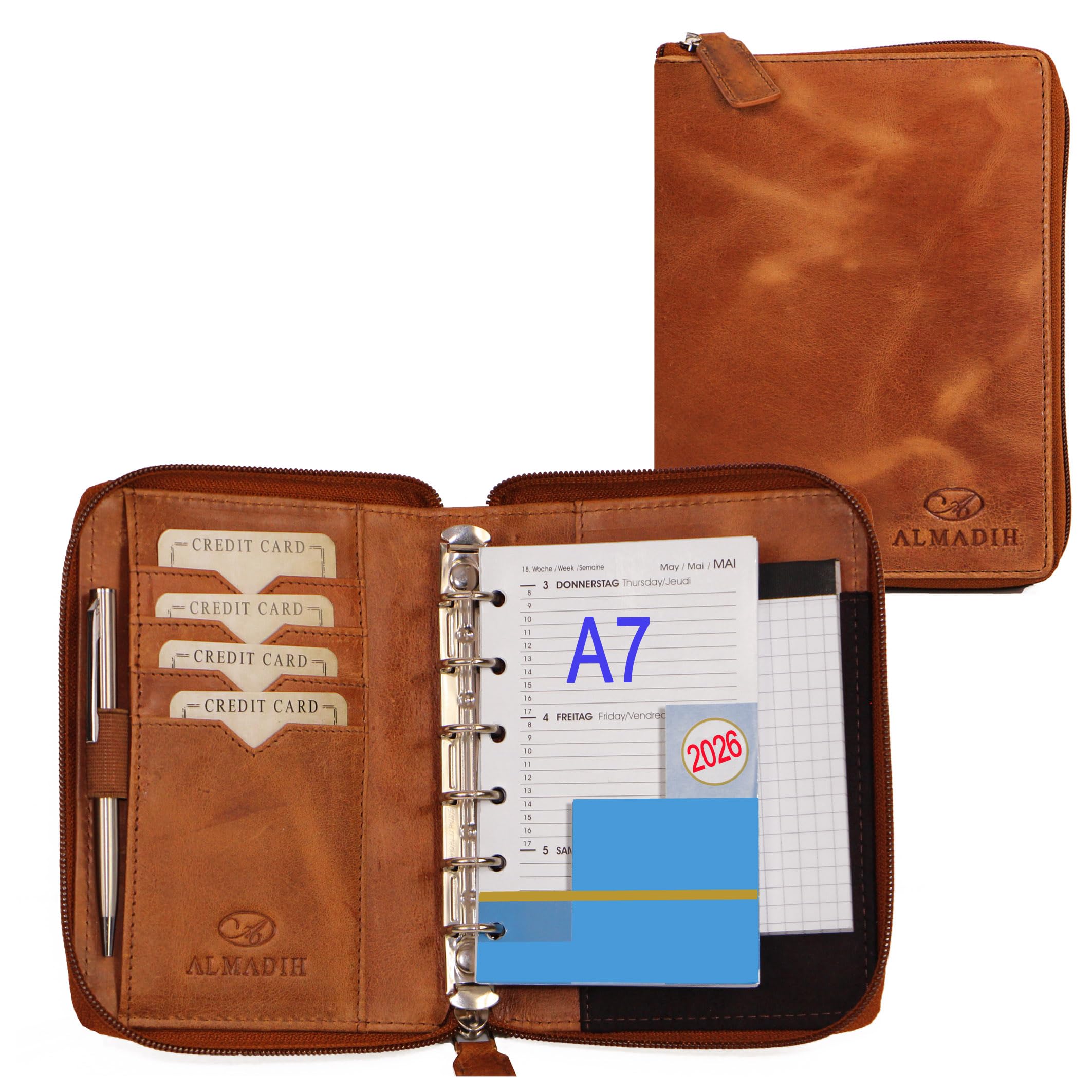 ALMADIH Leather A7 Organizer with Rings & Zipper, Calendar 2025 + A7 Writing Pad Premium Cow Leather brown deluxe - Personal Planner Conference Folder System Ring Binder Portfolio Folio Workbook