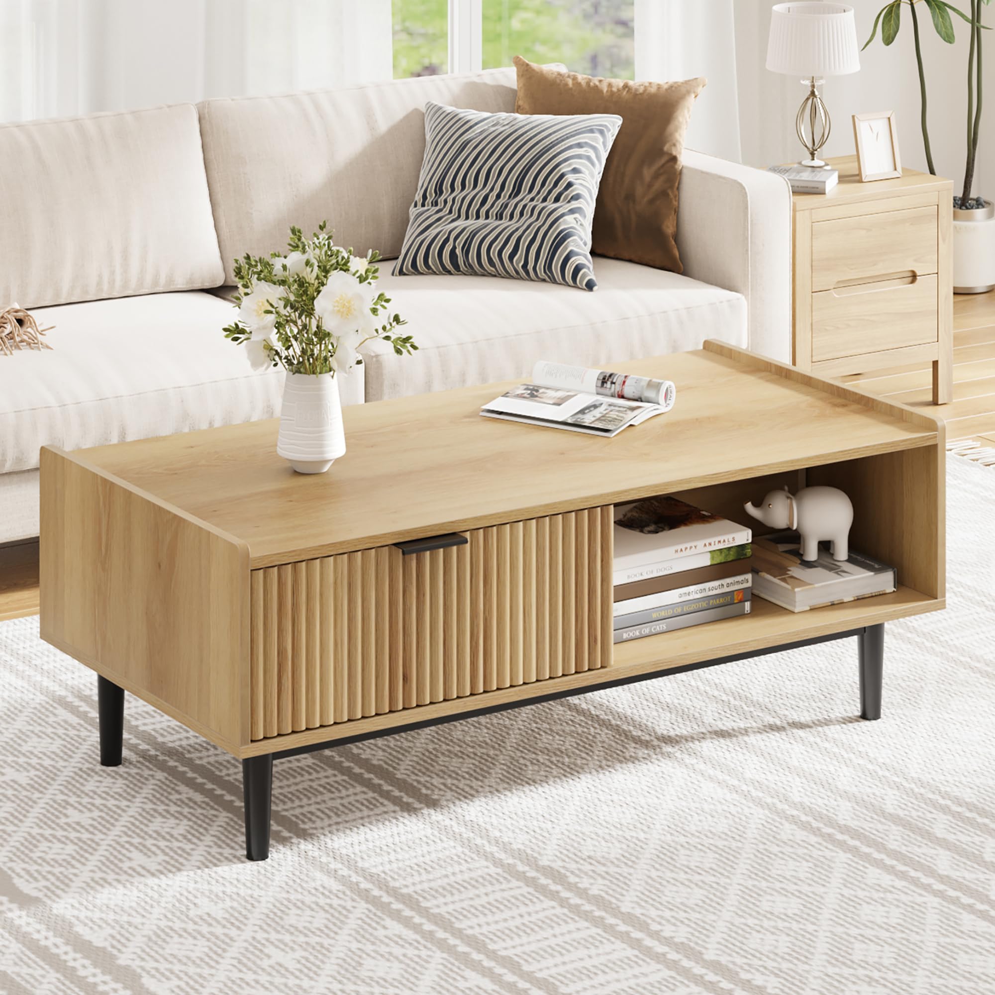 Photo 1 of IDEALHOUSE Coffee Table 42.5" Mid Century Modern Center Table with Drawer Fluted Living Room Table with Storage Light Wood Cocktail Table with Open Shelf Rectangle Coffee Table Easy Assembly