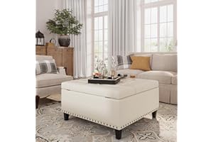 FiveWillowise Tufted Square Ottoman Coffee Table with Storage, Leather Upholstered Cube Ottoman, Oversized Footrest Stool Toy Box Storage for Livingroom Bedroom, Ivory White