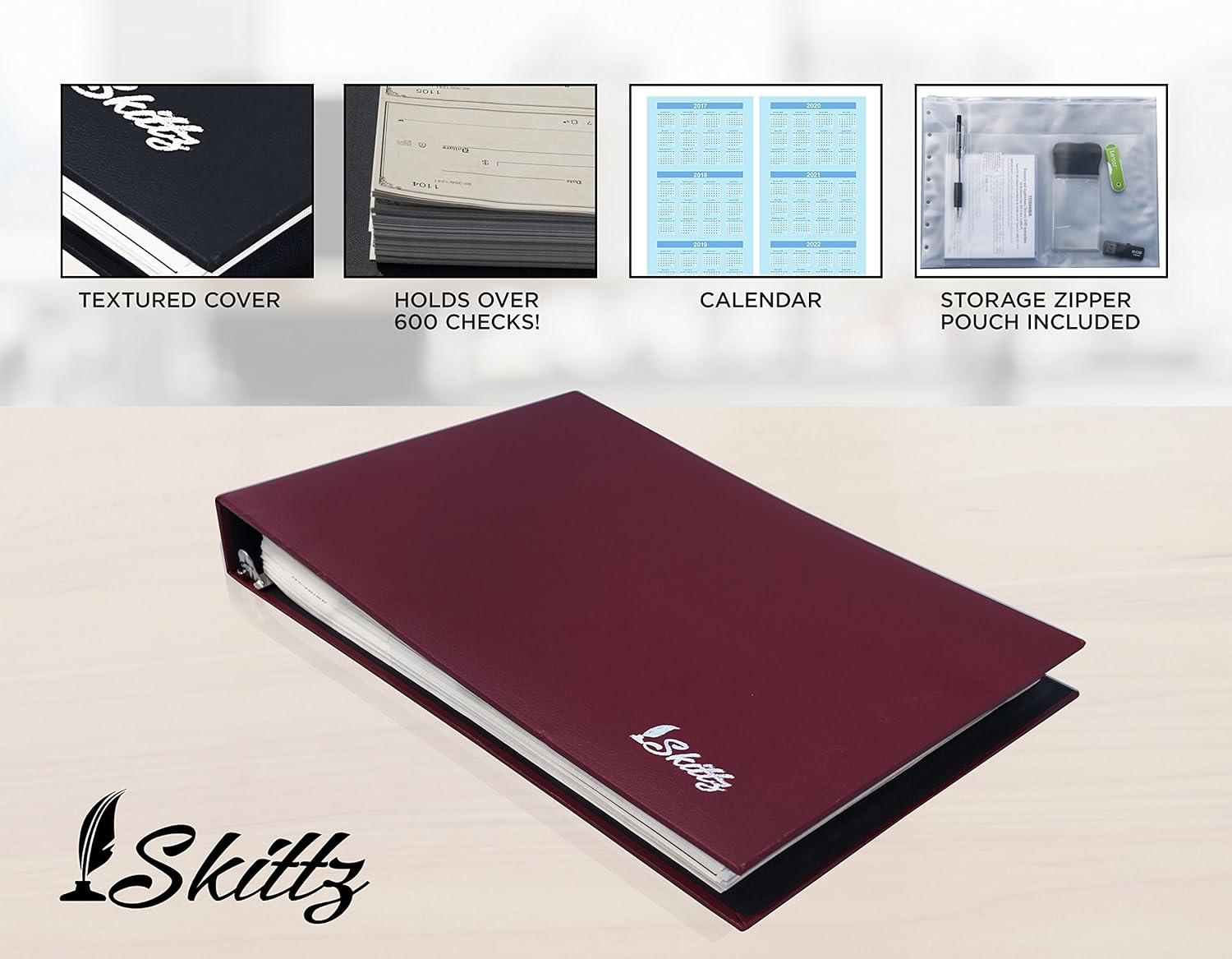 Skittz Black Business Check Binder 7 Ring w/Zip Organizer & Calendar for 3 on a Page Checks : Office Products