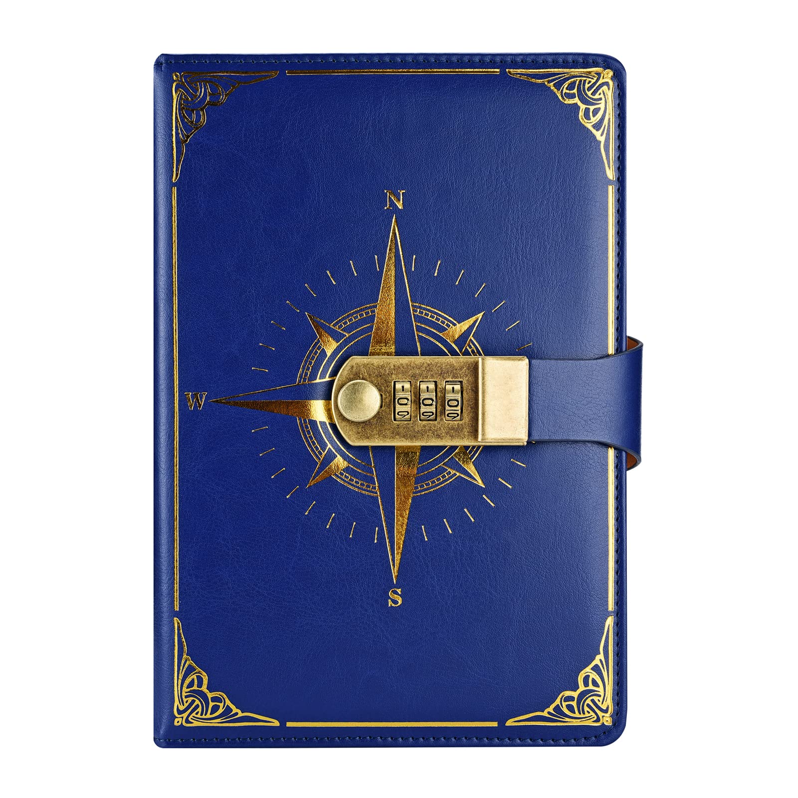 NectaRoy Vintage Travel Journal, A5 Lockable Diary(Compass Pattern), Notebook with Lock/Pen Holder/Card Slots, Office School Supplies Student Stationery, Size 8.6"x5.9"