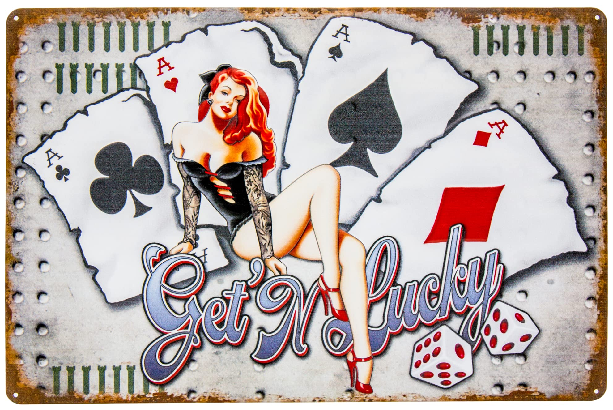 Get Lucky - Poker, Black Jack, Craps, Seven Eleven- Casino Retro Tin Sign - Pin Up Girl Decorative Sign, 40 x 27 cm