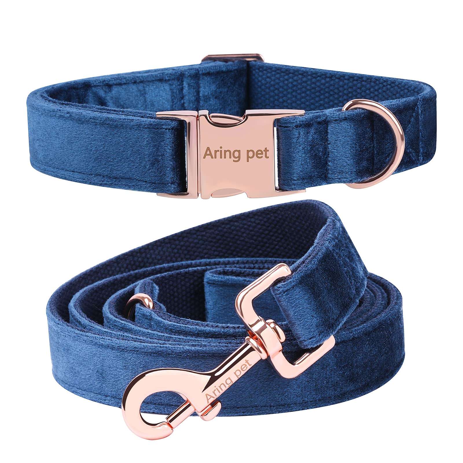 ARING PET Dog Collar and Lead Set, Blue Velvet Dog Collar and Leash with Metal Buckle, Comfortable and Adjustable Pet Collar Set for Boys&Girls Dogs, Medium