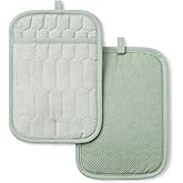 MARTHA STEWART Honeycomb Quilted Chambray Pot Holder 2-Pack Set, 100% Cotton, Flexible Non-Slip Silicone Grip, Heat Resistant, Mint Green, 7"X10"