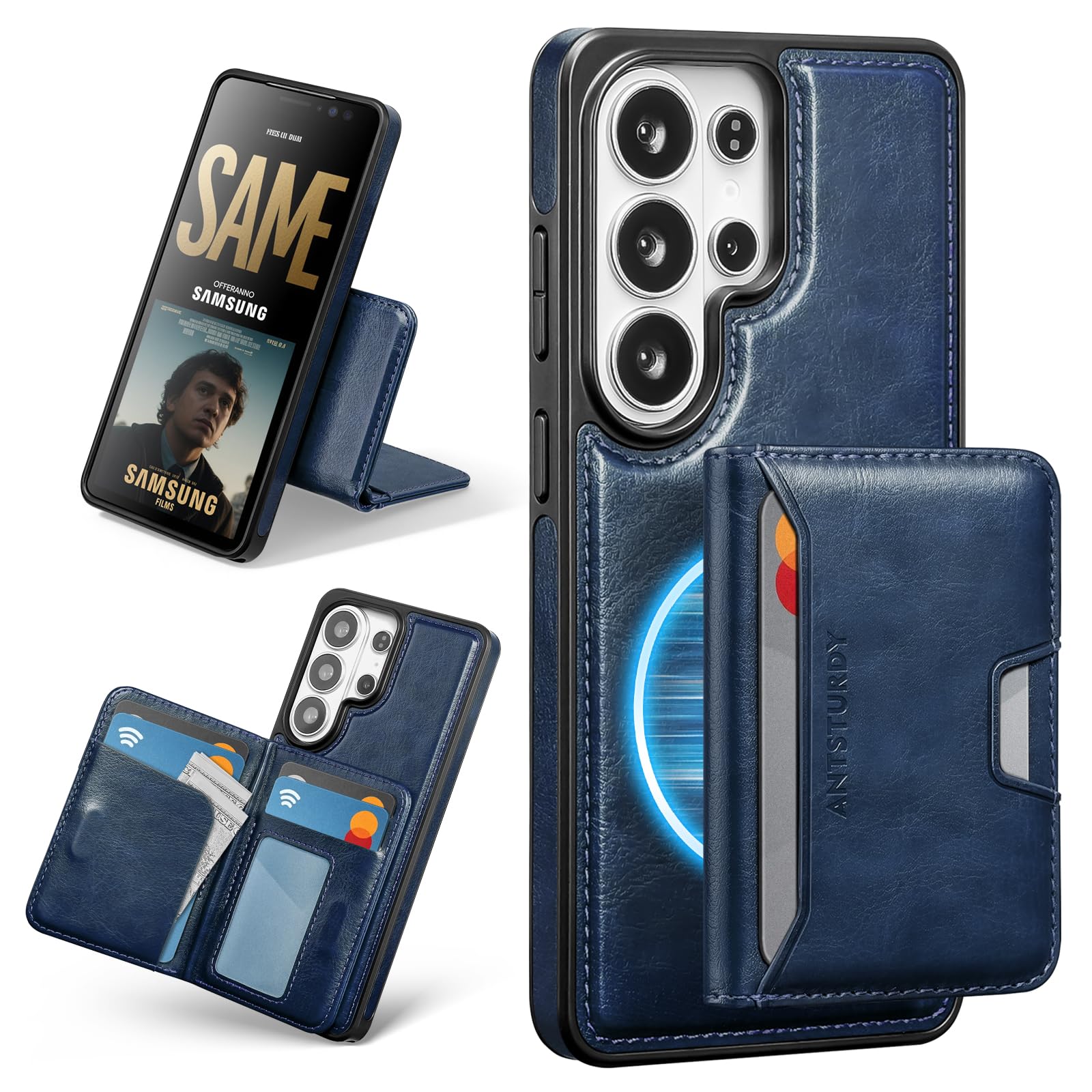 Antsturdy Compatible with MagSafe 2 in 1 Detachable Magnetic Samsung Galaxy S26 Ultra Wallet Holder,PU Leather RFID Blocking Credit Card Slots Flip Cover Kickstand for Men Women,Blue
