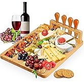 Bamboo Cheese Board Set, Charcuterie Platter and Serving Meat Board Including 4 Stainless Steel Knife and Serving Utensils, Unique Gifts for Christmas Wedding Birthday Anniversary(14''x11'')