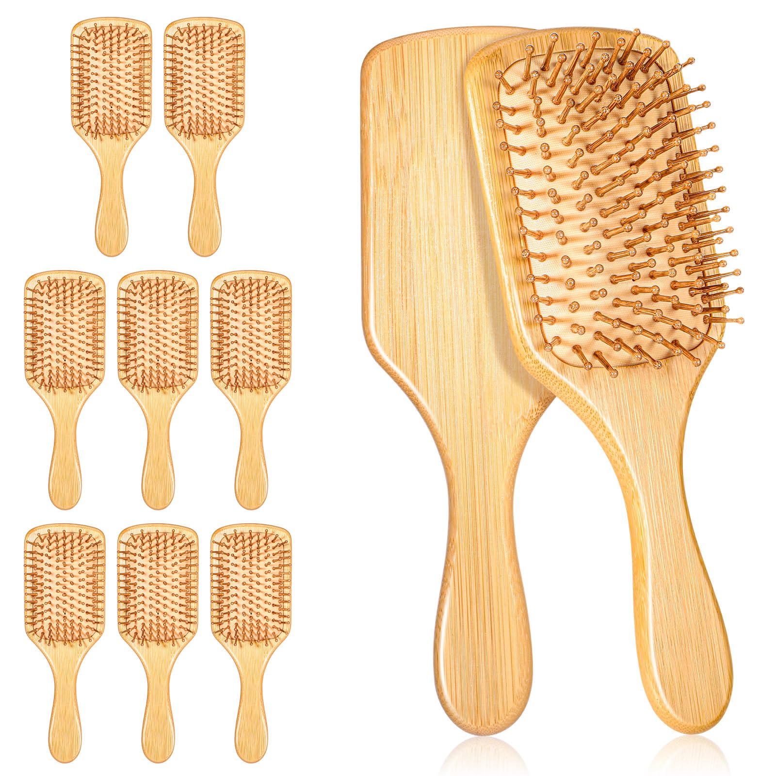 View 1 of 10 Pcs Bamboo Hair Brushes Bulk Anti Static Wooden Paddle Brush with Ergonomic Handle Round-tipped Bamboo Bristles Detangling Brush Paddle for Scalp Massage & Detangling, 9.65'' X 3.35''