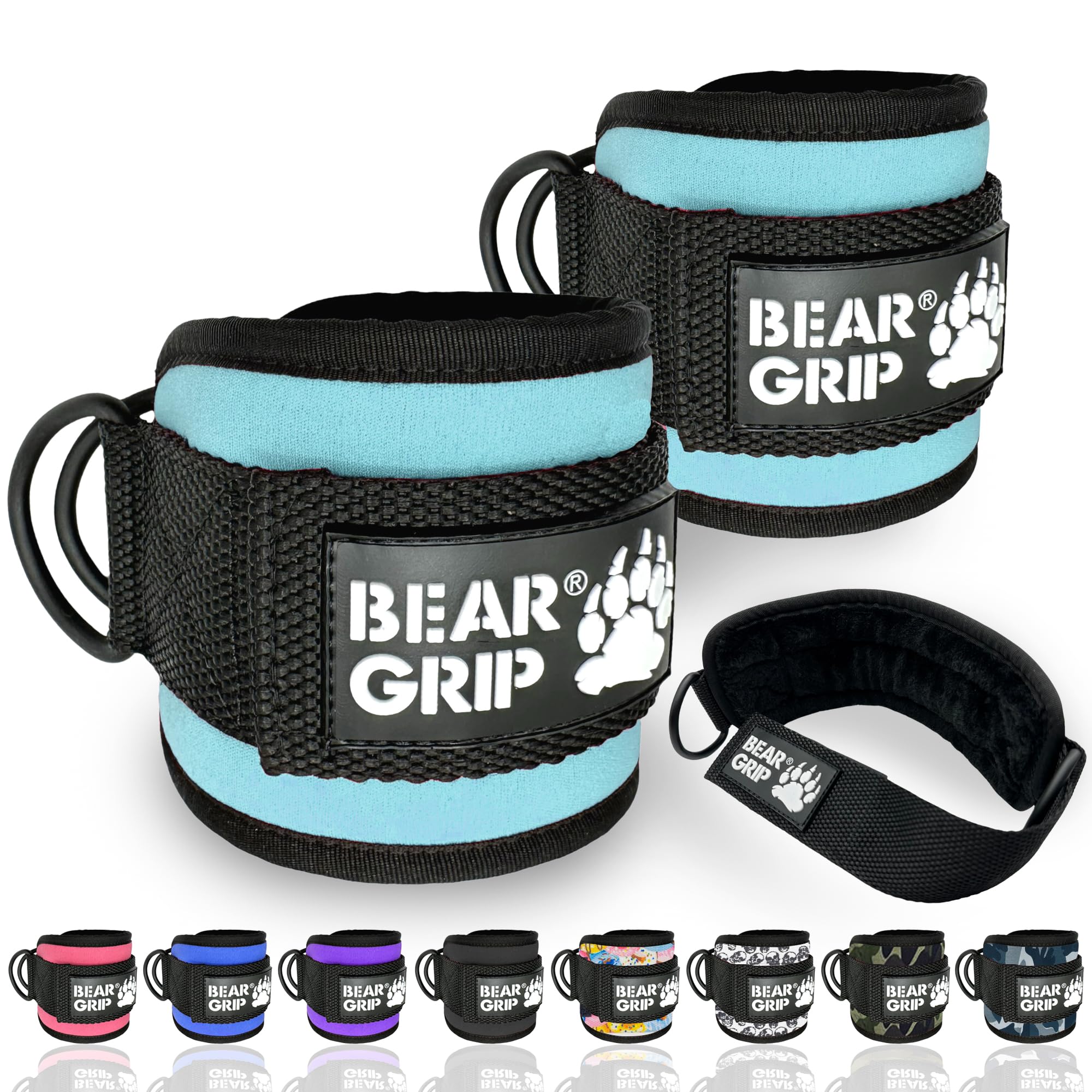 BEAR GRIP - Ankle Straps for Cables with New Fleece Design, Strong Closure, Double Stainless Steel D-Ring, Adjustable Neoprene - For Men & Women (Aqua - Pair)