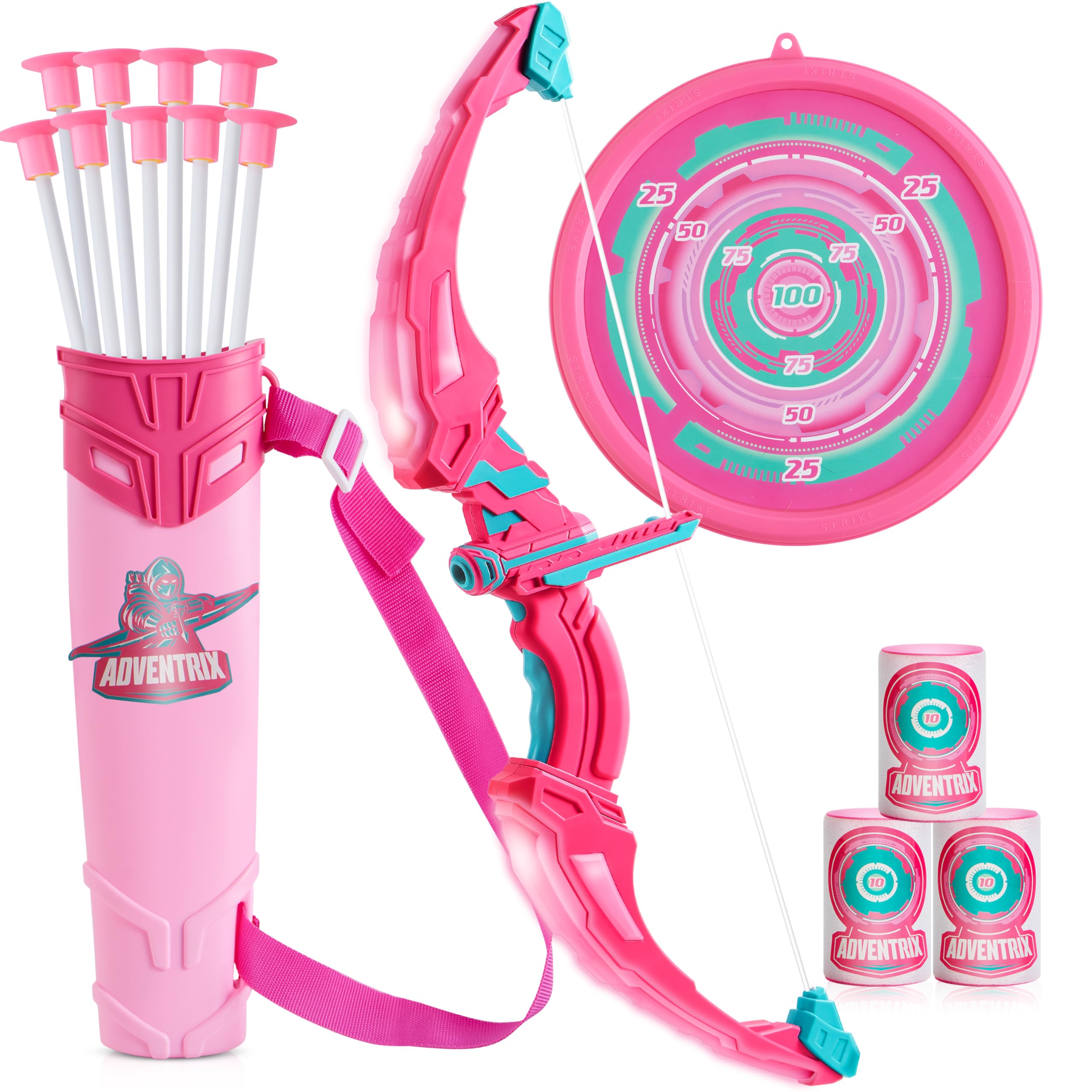 Photo 1 of JOYIN Pink Bow and Arrow Set for Girls, LED Light Up Archery Toy Set with 9 Suction Cup Arrows, Target & Arrow Case, Christmas Indoor Outdoor Activity Toy for Kids Girls Ages 3-12