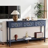 weselon 55.5" Carved Console Table with 3 Drawers, 2-Tier Sofa Table with Glossy Floral Surface and Solid Wood Legs, Mid-Century Modern Entryway Table for Living Room Hallway (Midnight Blue)
