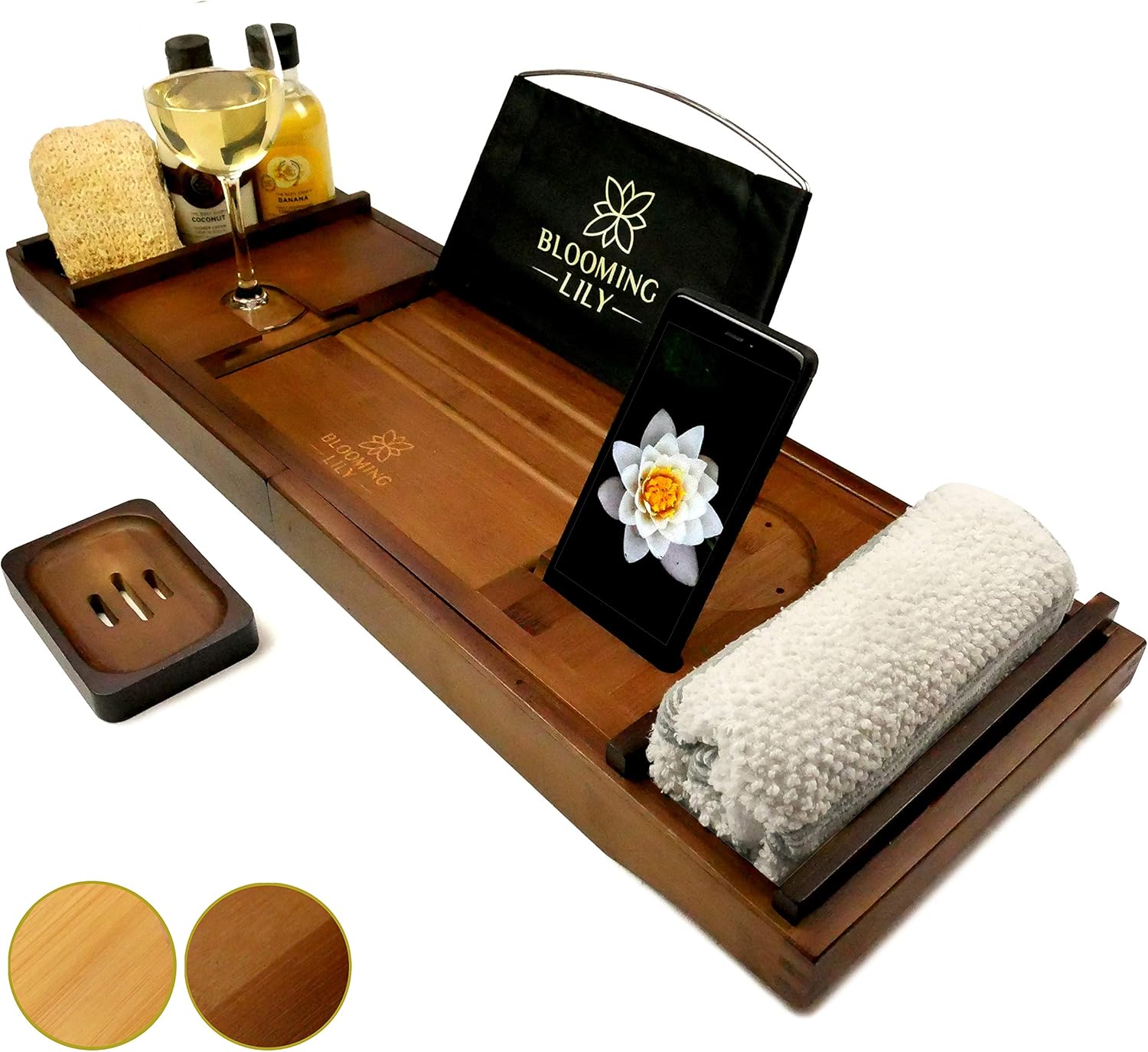 Blooming Lily Bathtub Tray - Sturdily Designed Bath Caddy with Wine Glass Holder, Ipad Stand and More Suitable for Most Baths (Brown): Kitchen & Dining