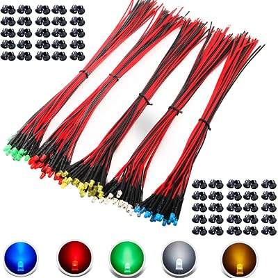 RUNCCI-YUN 100pcs 3mm Prewired LEDs 12V 20cm Cables + Holders Model Railway