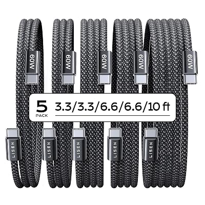 LISEN USB C to USB C Cable, 5-Pack [3.3/3.3/6.6/6.6/10FT] for iPhone 17 Charger Cord, 60W C to C Cable Fast Charging for iPad, iPhone 16 15 Pro Max, Galaxy S25/S24 USBC to USBC Cable Gifts for Men