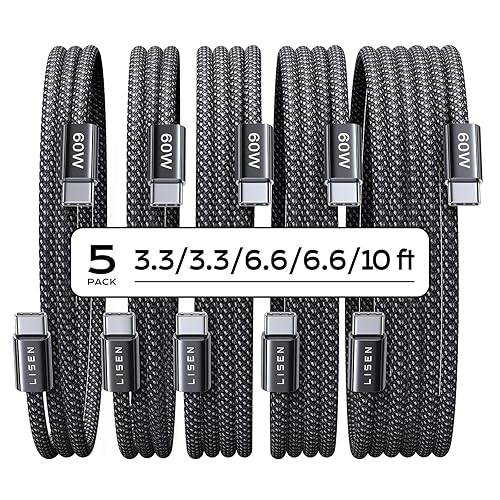 LISEN USB C Cable, 5-Pack [3.3/3.3/6.6/6.6/10FT] for iPhone 17 Charger Cord, 60W USB C to USB C Fast Charging Cable for iPhone 17 Air 16 15 Pro Max, Samsung Z Flip 7/S25/S24, Switch 2, iPad, MacBook