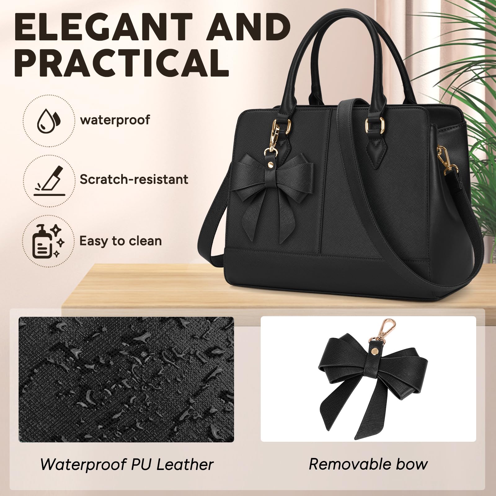 RAINSMORE Handbags for Women Waterproof Ladies Handbags PU Leather 13 Inch Women's Top-Handle Bags Medium Womens Shoulder Bags Fashion Tote Bag for Work Business Casual Black