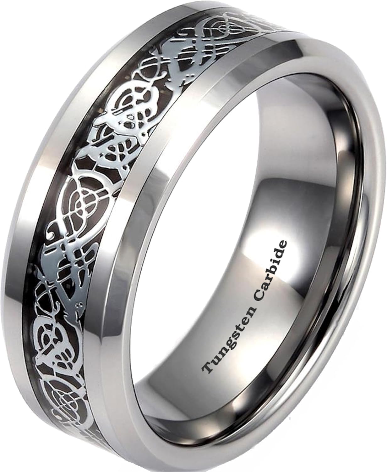 Tungsten Ring New Boxed Mens Silver Celtic Dragon Inlay