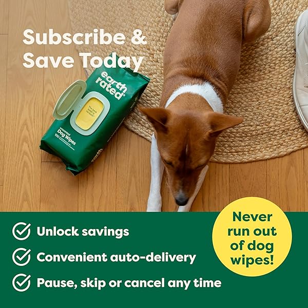 EARTH RATED PET WIPES FOR DOGS AND CATS, HYPOALLERGENIC, CLEANING AND HYDRATING, FOR GROOMING PAWS, BODY AND BUTT, UNSCENTED, 100 COUNT