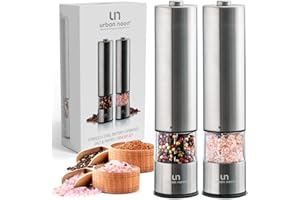 URBAN NOON Electric Salt and Pepper Grinder Set - Stainless Steel Battery Operated Salt & Pepper Mills with Light (Pack of 2) - Automatic One Handed Operation Adjustable Ceramic Grinders