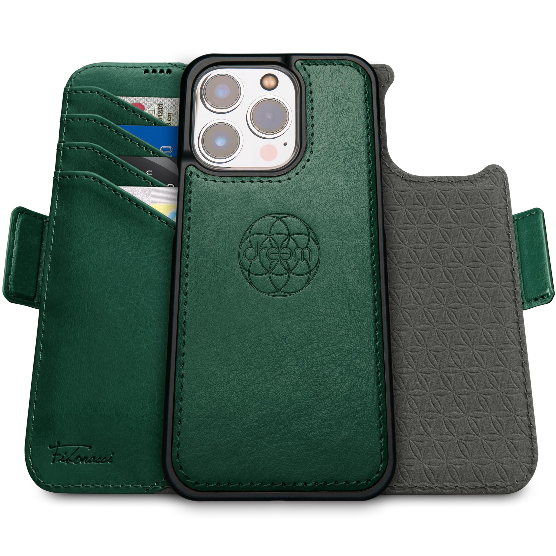 dreem Wallet Case for iPhone 15 Pro, Revolutionary Vert/Hor Phone Stand, Magnetic Detachable Vegan Leather Flip Cover RFID Blocking Card Holder, MagSafe-Fit, Gift Box [Fibonacci: Green] — image 1