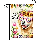 BlissYard Hello Spring Garden Flag 12x18 inch Double Sided Flower Crown Golden Retriever Dog Yard Flags Colorful Flowers Spring Outdoor Decor for Garden Patio Yard