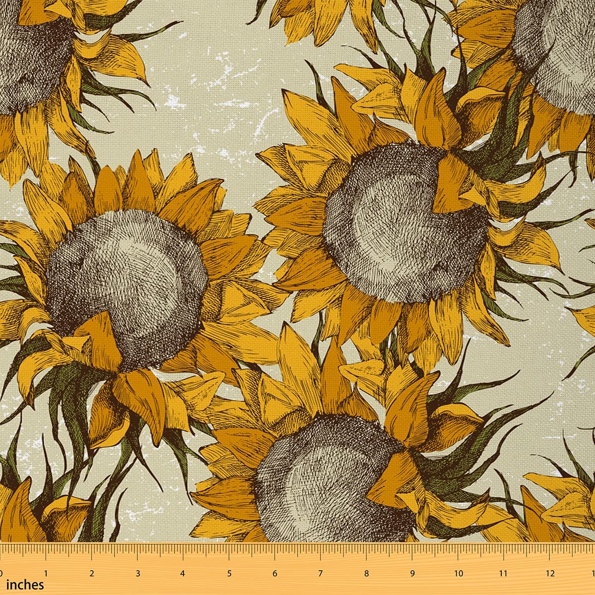 Sunflower Fabric by The Yard for Chairs Hand Painted Yellow Flowers Plant Upholstery Fabric for Arts DIY Vintage Geometric Lines Decorative Waterproof Outdoor Fabric,5 Yards