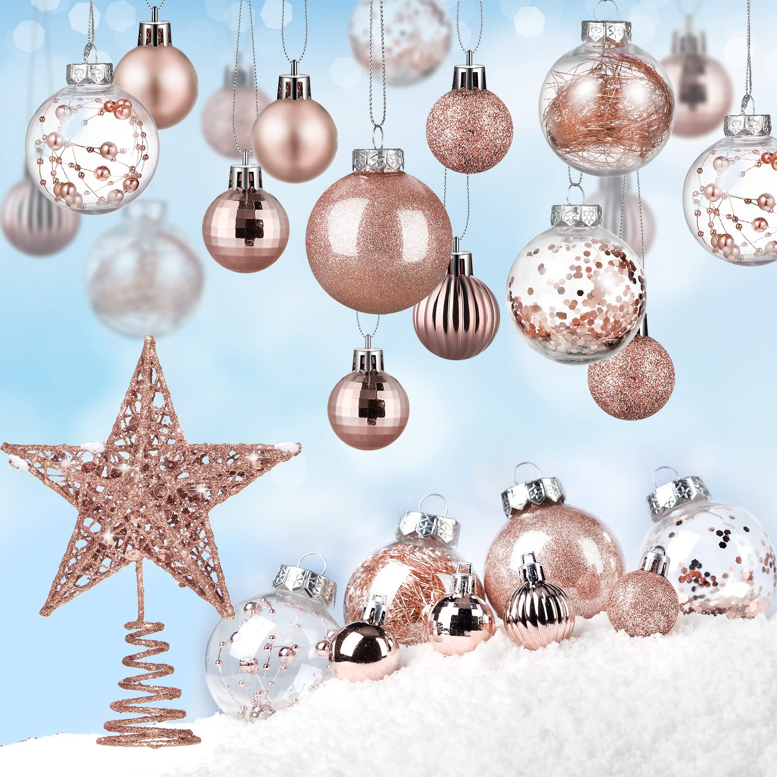 BBTO Christmas Balls Ornaments set Star Balls tree Baubles Set Plastic Tree Topper Star Clear Balls for Tree Birthday Holiday Indoor Outdoor Decor (Rose Gold,49 Pieces)