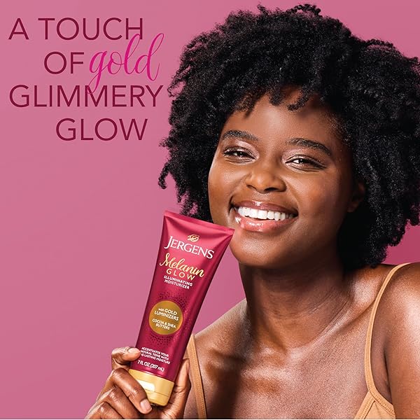 JERGENS HAND AND BODY LOTION, MELANIN GLOW ILLUMINATING MOISTURIZER, WITH GOLD LUMINIZERS, 7 OZ