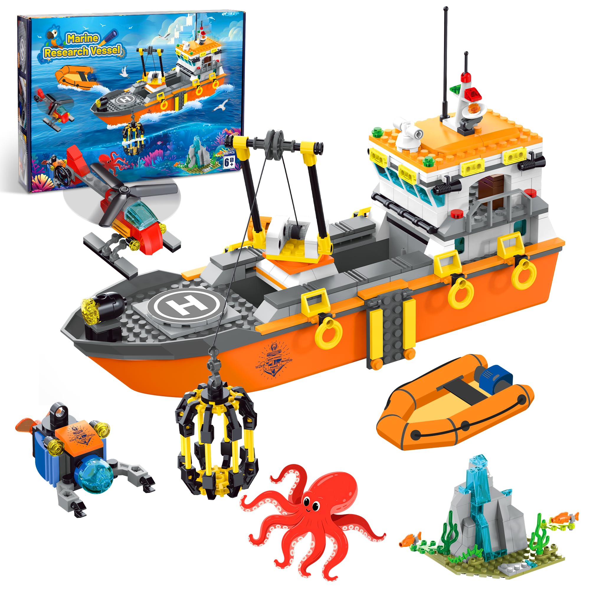 Photo 1 of AKWME City Ocean Explorer Ship Building Set, Exploration Boat Set Toy Building Block with LED Lights, Helicopter, Submarine and Shark Cage, Birthday Gifts for 6 8 10 12 Years Old Boys Kids Girls