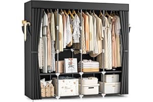 Wardrobe Closet, 66 Inch Portable Closet for Hanging Clothes with Cover, 4 Hanging Rods, 8 Storage Shelves and 2 Side Pockets