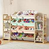 EXPERLAM Extra Large Toy Storage - Toy Storage Organizer, Wooden Toy Organizer with 6 Side Shelves and 12 Bins, 3-in-1 Bookshelf for Kids Rooms, Playroom, Nursery, Multi Color