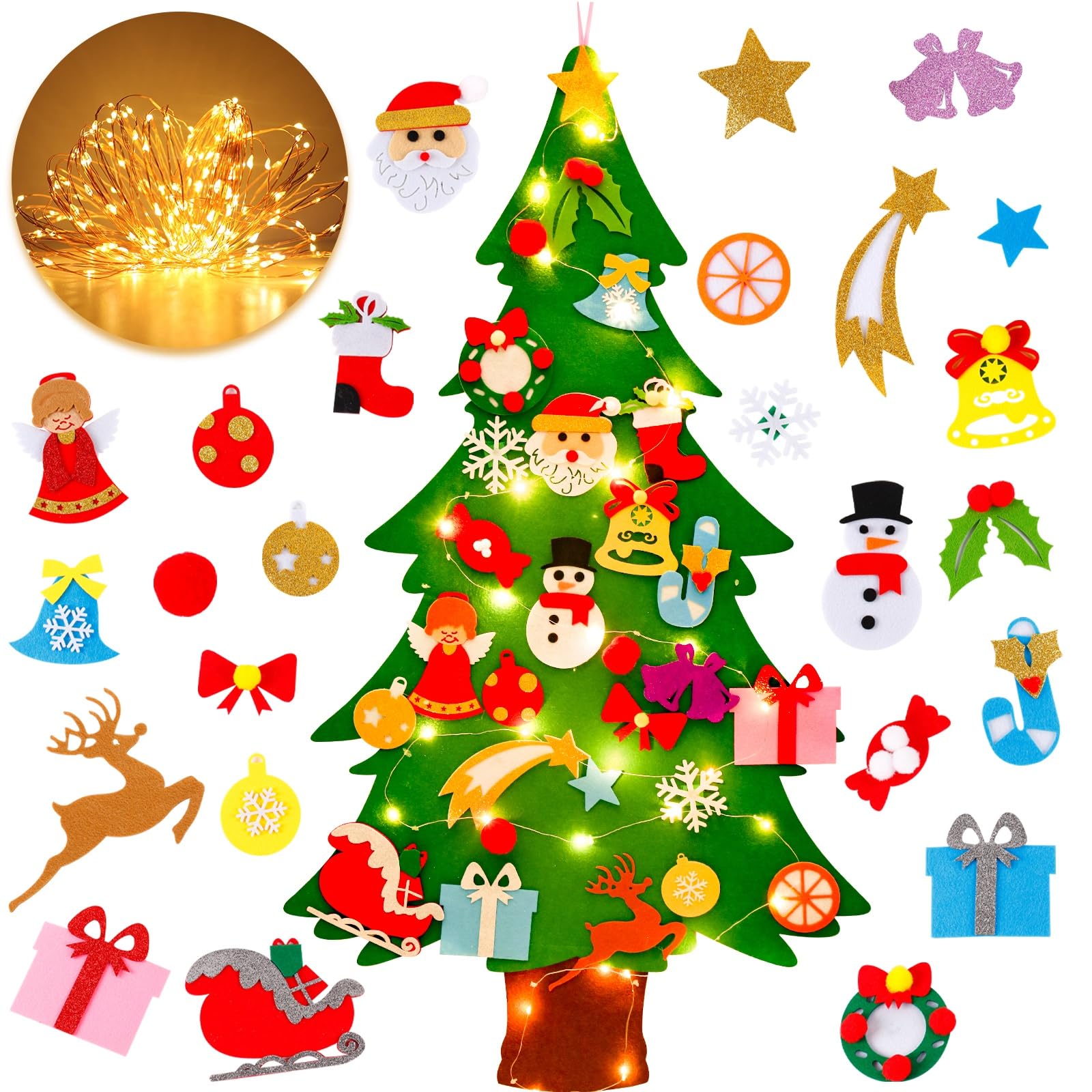 FengRise DIY Felt Christmas Tree for Kids with Lights, 3.3ft Velcro Christmas Tree for Kids with 25 Detachable Ornaments,Felt Xmas Tree for Toddlers Present Gift,Home Door Wall Hanging Xmas Decoration
