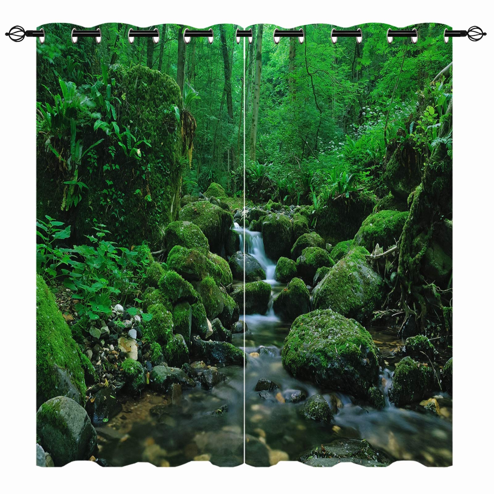 YUANZU Waterfall Curtains, Forest Jungle Wild Nature Theme Mountain Stream Scenery Print Patterned Eyelet Thermal Insulated Blackout Window Drapes for Bedroom Living Room 2 Panels W117cm x D137cm — image 1