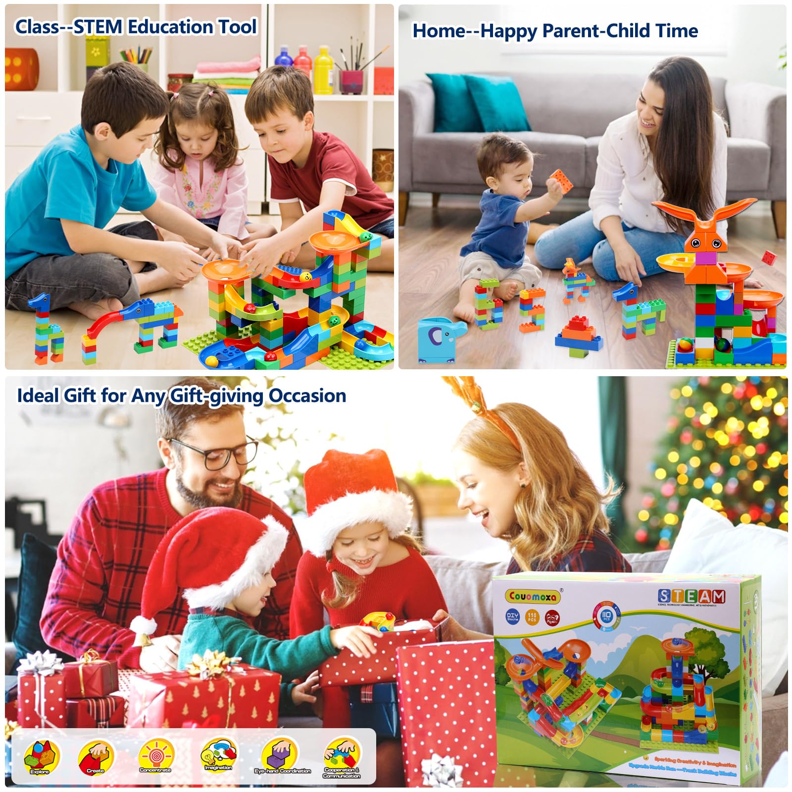 COUOMOXA Marble Run Building for Kids: STEM Building Blocks Set Compatible with Classic Bricks - Educational Toys for Kids Ages 3 4 5 6 7 8+ Home Classroom for Boys Girls