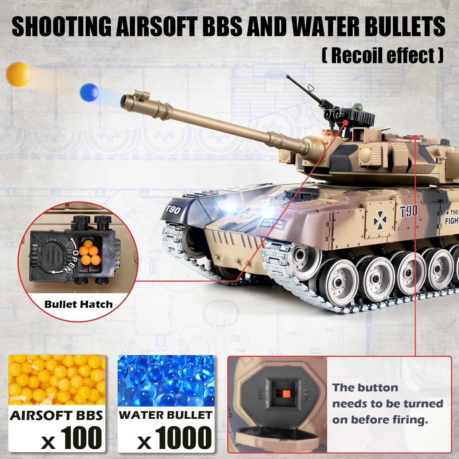 Supdex RC Tank, 1:18 Russian T-90 Metal Tracks Remote Control Model Tank Toys, 2.4Ghz Army Toys with Smoke, Sound and Light, RC Military Vehicle That Shoots BBS and Water Bullets for Adults and Kids