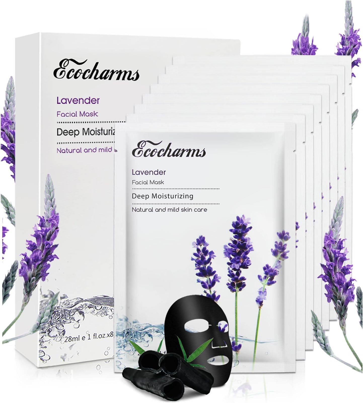[Sensitive Skin Solution]Ecocharms Lavender Hydrating Paper Masks/Facial Spa Set(8 Sheets x 28 ml) - Deep Moisturizing&Acne Treatment Daily Essential for Women