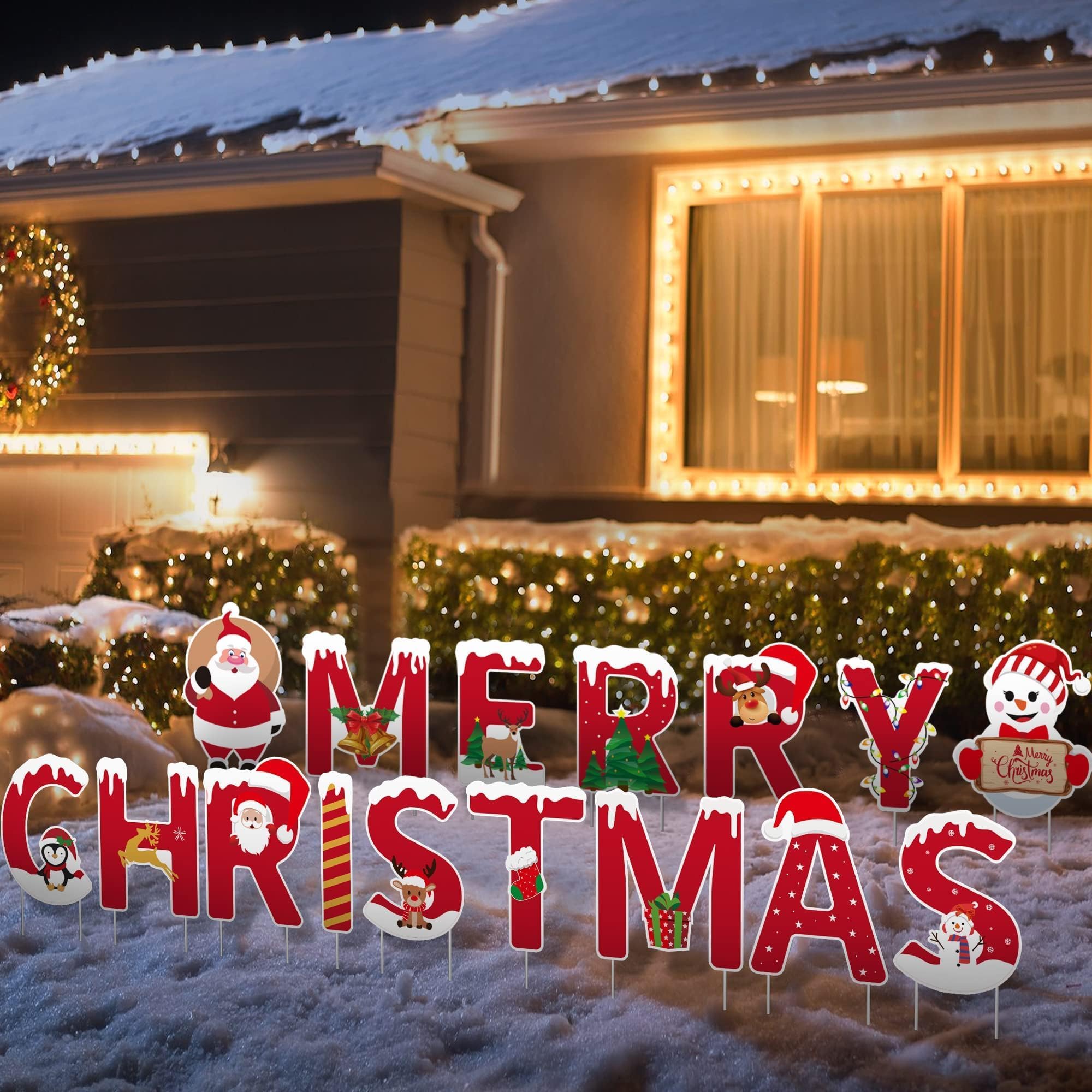 View 1 of 16 Pcs Merry Christmas Yard Signs Stakes Decoration Novel All Weatherproof Outdoor Christmas Lawn Garden Signs Decorations 32PCS Stakes Thickened Corrugated Yard Signs Easy Install